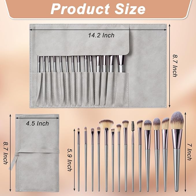 Makeup Brushes, 14 Pcs Professional Makeup Brush Set, Eye and Face Foundation Brush Set, Eyeshadow Brushes, Cosmetic Brushes, with PU Bag, Champagne