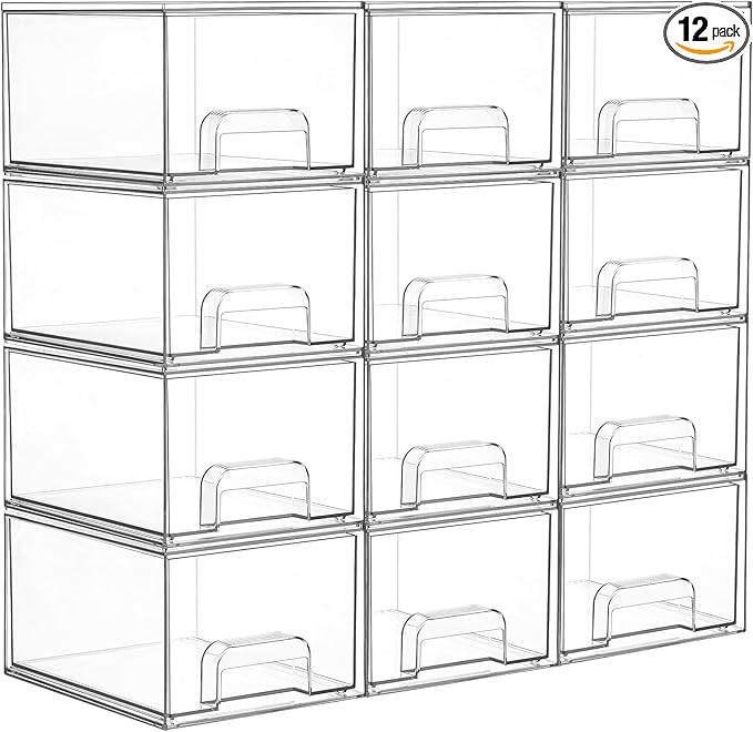Vtopmart 12 Pack Clear Small Stackable Storage Drawers,Acrylic Bathroom Makeup Organizer,Plastic Storage Bins For Vanity, Undersink, Kitchen Cabinets, Pantry, Home Organization
