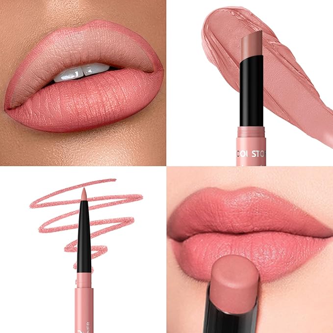 COOL STORY 2 Piece Lip Liner and Lipstick Set, Long Lasting Formula, Professional Makeup Kit (01)