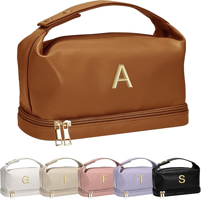 Teen Girl Gifts Trendy Stuff, Makeup Bags for Women with Handle, Initial Double Layer Cosmetic Bag with Makeup Brush Organizer, Cute Cosmetic Pouch for Women, Gifts for Friends Female Mom