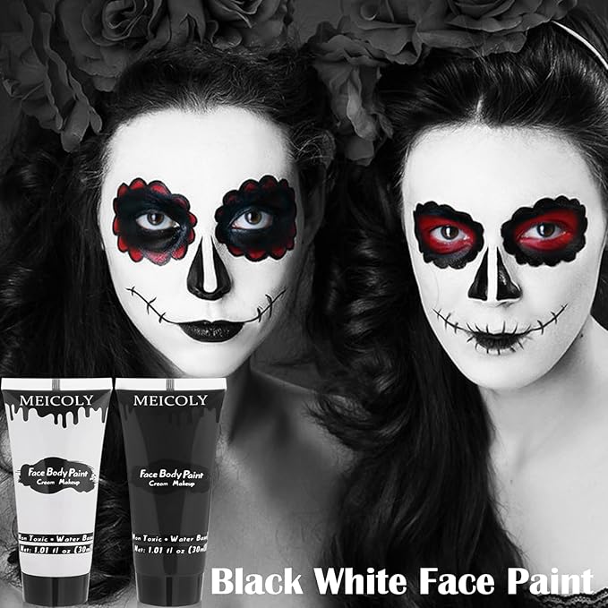 MEICOLY Black White Face Body Paint with Sponges,Water Based Face Paint for Adults Kid,White Face Paint,Face Painting for Clown Makeup,Halloween SFX Skull Zombie Skeleton Mime Goth Makeup Corpse Paint