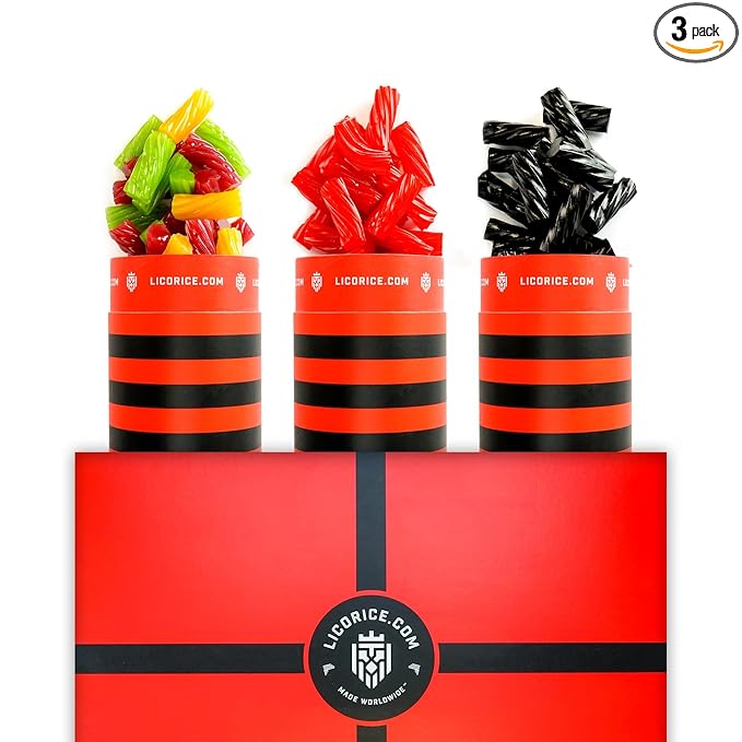 Licorice.com | Candy Gift Box | Soft & Chewy Australian Red, Black & Fruity Licorice | Yummy Strawberry, Green Apple & Raspberry | Great Gift Idea for Holidays and Birthdays | Pack of 3