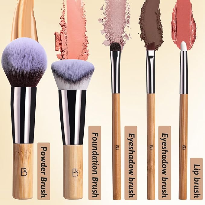 BS-MALL Travel Makeup Brushes Kabuki Premium Synthetic Foundation Powder Concealers Eye Shadows 7 PCS with Triangle Puff & Storage Bag (Bamboo)