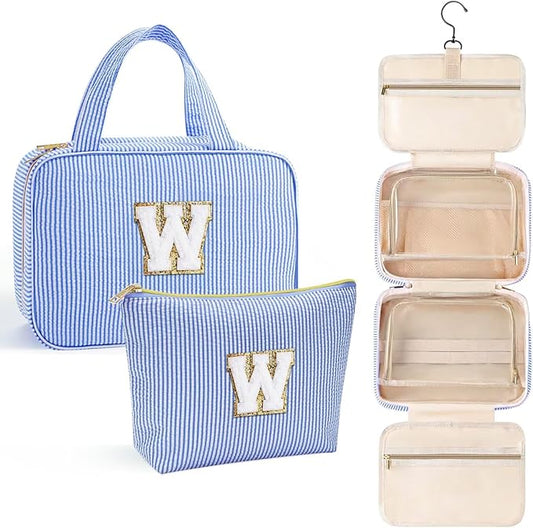 YOOLIFE Hanging Toiletry Bag for Women - Travel Toiletry Bag Makeup Bag, Portable Toiletries Cosmetic Bag, Airplane Travel Essentials - Letter W, Blue