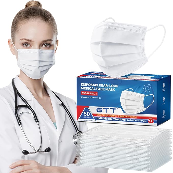 GTT ASTM Level 3 Highly Protective Disposable 3 Ply Face Masks with Individual Packaging, Breathable & Comfortable Mask