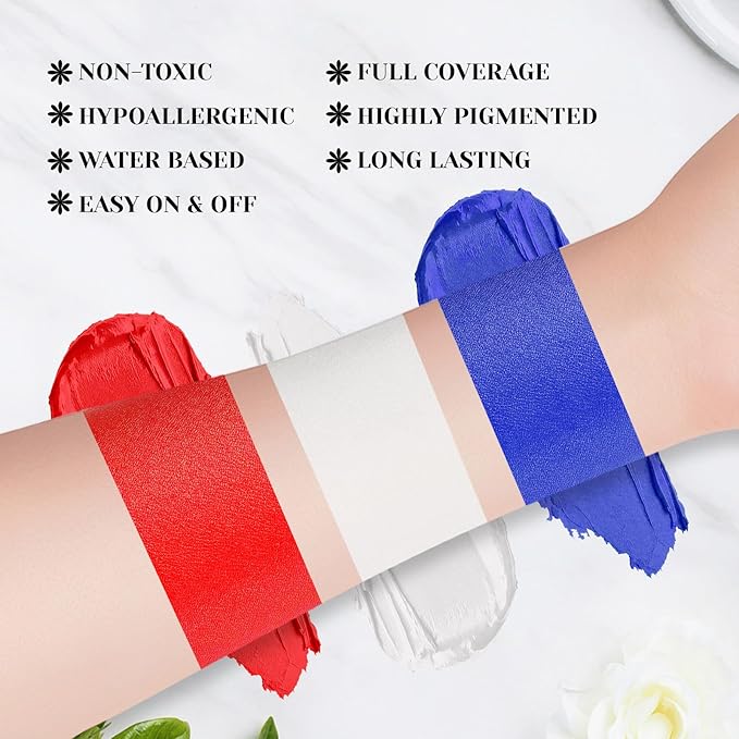 Red White Blue Face Body Paint Stick Set with Translucent Setting Powder and Sponges, Full Coverage Face Painting for 4th of July Pride Independence Day or America's Patriotic Veterans Events
