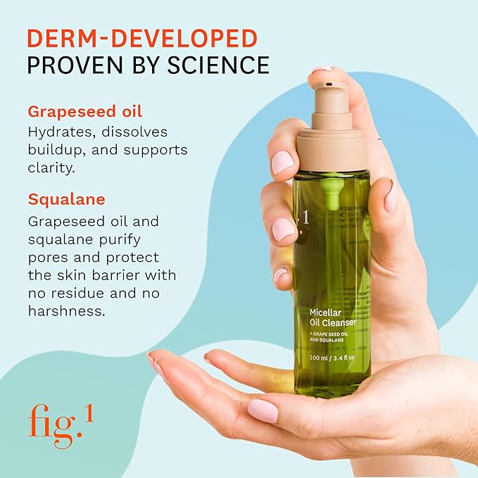 Fig.1 Micellar Oil Cleanser for Face - Makeup Remover Cleansing oil, Facial Cleanser - Squalane & Grapeseed Oil Formula, Cleanse without Clogging Pores, Acne-Prone Facial Skincare, Refillable 3.4 Oz