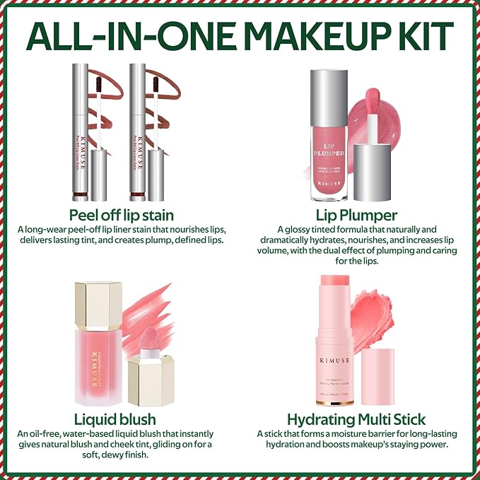 KIMUSE All in One Makeup Kit for Women, Girls, Teens with Makeup Bag, 4 Pcs Makeup Gifts Set Includes Lip Stain,Lip Plumper,Liquid Blush,Multi Balm Stick, Christmas Make Up Collection, Holiday Present