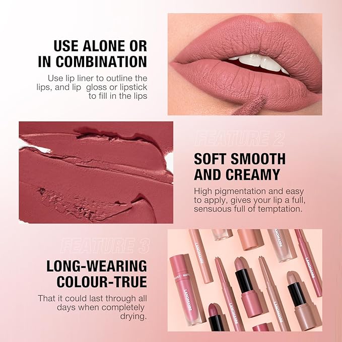 LANGMANNI 3 in 1 Matte Velvet Lipstick Set-Lip Liner,Lip Gloss and Lipstick Combo,Perfect for Natural Lip Contour,Waterproof And Longlasting Effect Lip Makeup,Unique Festival Gift (#01+03+05)