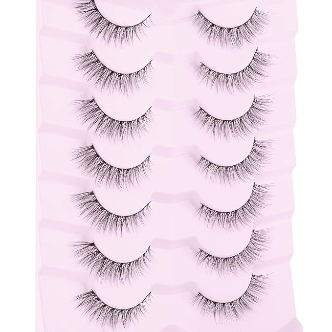 Natural Lashes Wispy Cat Eye Lashes 12mm False Eyelashes Natural Look Strip Lashes Thin Cotton Band Soft Eyelashes 3D Volume Lashes Pack C Curl Siligli Eyelashes 7 Pair