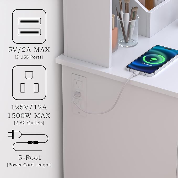 Vanity Desk with Mirror & Lights, Makeup Vanity Table with Charging Station, 3 Lighting Modes, Large Storage Space with Drawers and Shelves, Elegant White Vanity Set for Bedroom Dressing Room