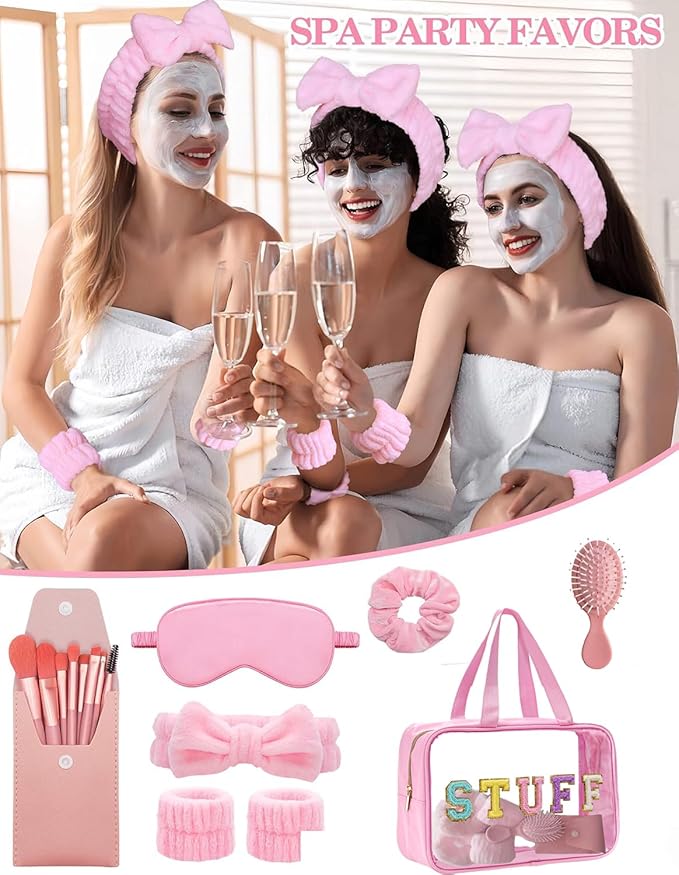 Spa Day Kit for Women - Sleepover Gift Set For Girls Pink Spa Kit and Mini Wet Hair Brush,Teens Initial Makeup Kit with Makeup Brush Set,Bridesmaids Party Favors-Waterproof Toiletry Travel Bag.