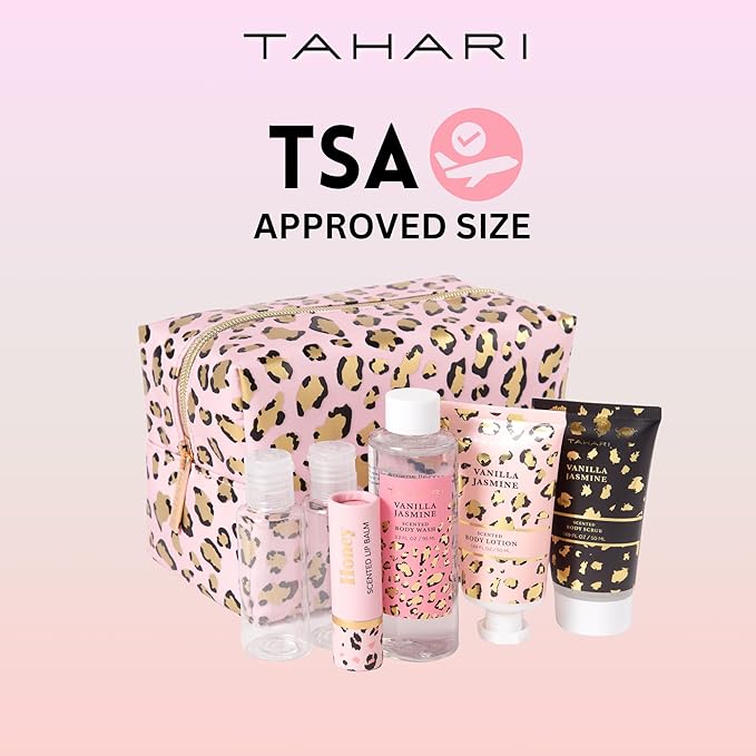 Tahari Vanilla Jasmine Spa Gift Set for Women – Luxurious Bath Kit with Body Lotion, Body Scrub, Body Wash & Lip Balm with Bag – Perfect Selfcare Gifts for Women (Leopard)