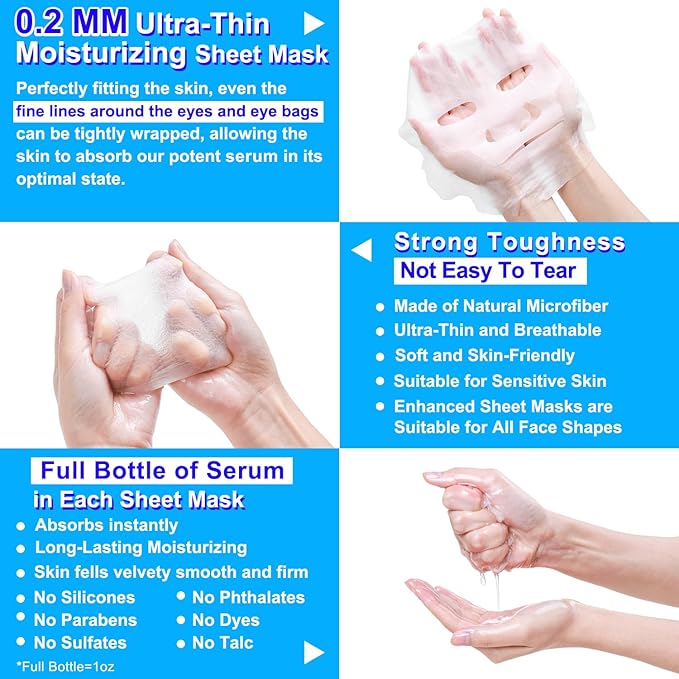 Collagen Face Mask with Hyaluronic Acid, Vitamin E Oil for Skin Care Hydrating, Moisturizing, Brightening & Anti Aging Face Masks Skincare for Oil, Dry, Acne, Sensitive All Skin Types 12PCS