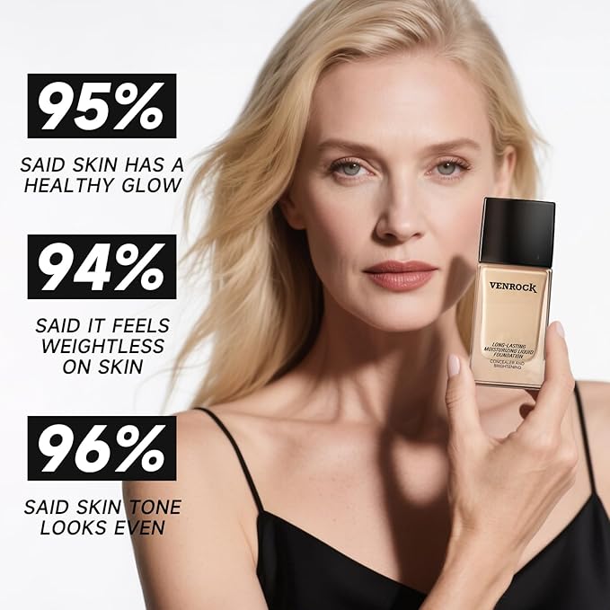VENROCK 24HR Long-Lasting Moisturizing Liquid Foundation | Radiant, Waterproof, Concealing & Oil-Control (01# Ivory White, 30ml)