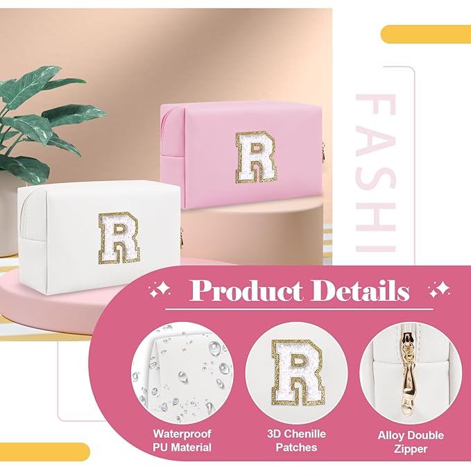 Small Personalized Initial A-Z Preppy Patch Makeup Bag,White PU Chenille Letter Travel Cosmetic Pouch with Zipper,Cute Toiletry Bag,Gift Ideal for Teen Girls Women Teacher Bridesmaid,Letter R