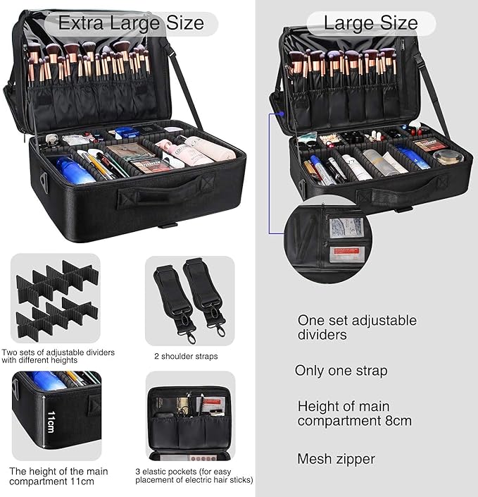 MONSITNA Extra Large Makeup Case 17 Inch Super Large Capacity Travel Makeup Train Case Professional Makeup Artist Case Nail Polish Organizer Storage Box with Two Adjustable Shoulder Strap (Black)