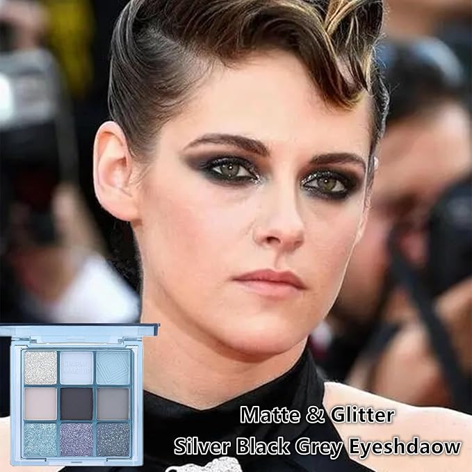 Go Ho 9 Colors Light Blue Grey Black Silver Powder Eyeshadow Palette,Matte&Shimmer&Glitter Eyeshadow Makeup Palette,Waterproof Daily Shades Eye Shadow Make up,14