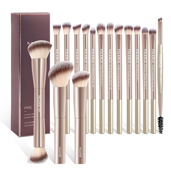MAANGE Makeup Brushes 16 Pcs Premium Synthetic Makeup Brush Set Foundation Brush for Liquid Powder Concealer Precision Eyeshadows Blending (Gold)