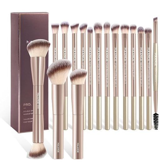 MAANGE Makeup Brushes 16 Pcs Premium Synthetic Makeup Brush Set Foundation Brush for Liquid Powder Concealer Precision Eyeshadows Blending (Gold)