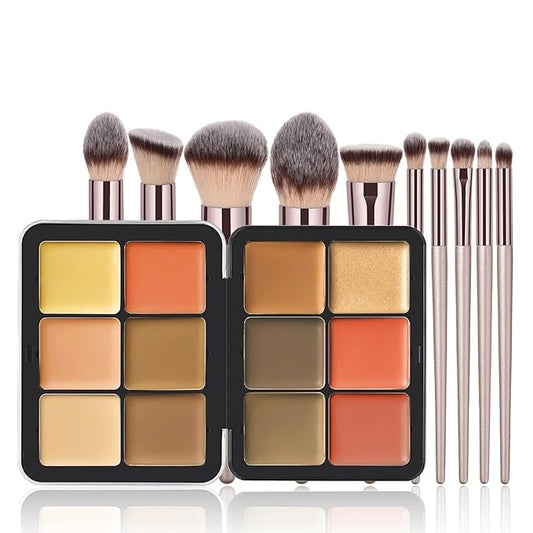 Makeup Kit, 12 Colors Vegan Eyeshadow Concealer Palette with 10 Professional Champagne Gold Makeup Brushes Set, Cruelty-Free, Gift Set for Women, Teens, Beginners(A)