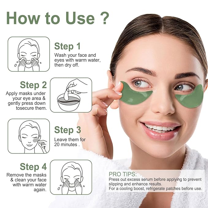 Eye Mask - 30 Pairs Green Tea Eye Patches Skin Care Products for Dark Circles and Puffiness, Reduce Wrinkles and Fine Lines, Eye Patches for Women and Man,with Hair Clips
