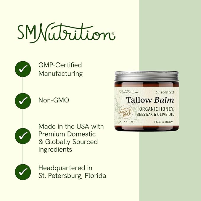 Beef Tallow Honey Balm | Face & Body | With Organic Honey, Beeswax & Olive Oil | Face Moisturizer & Body Balm | Grass Fed Beef Tallow for Skin Support | Paraben, BPA & Cruelty-Free | Unscented, 2 oz