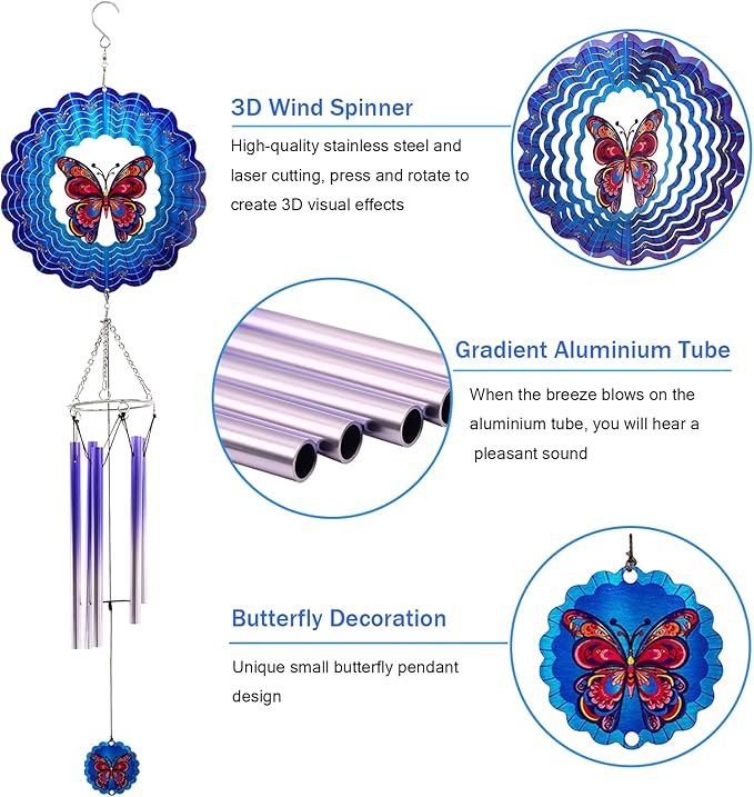 Wind Chimes with Butterfly Wind Spinner, Mom Gifts for Christmas Grandma Mom Women Birthday Retirement Teacher, 31" Windchimes Outdoor Decor Hanging Mobile for Garden Porch Patio Backyard