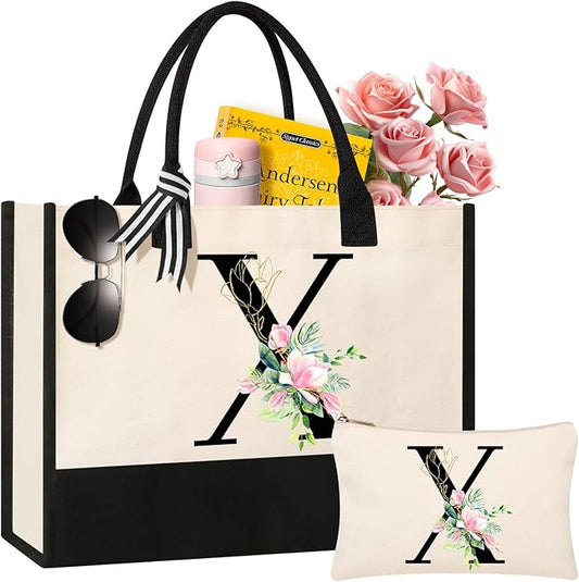 AYGE Personalized Initial Canvas Beach Tote, Monogrammed Gifts for Women, Makeup Bag, Birthday Gifts for Sister, Mom, Teacher, Bridesmaid