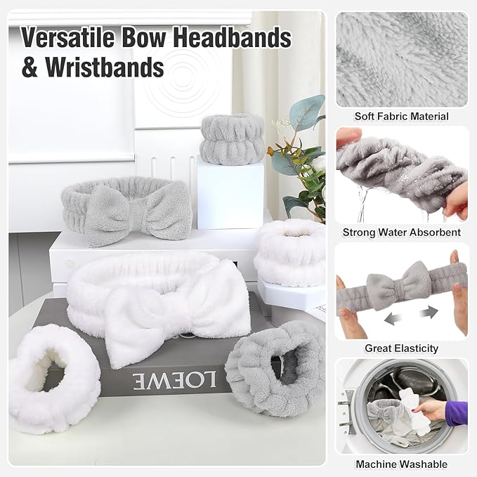 Spa Headbands for Women with Wristband Set: Facial Makeup Headbands for Girls & Teens - Soft Coral Fleece Elastic Hair Wraps with Wrist Accessories for Washing Face Shower Bath Beauty Skincare Gifts