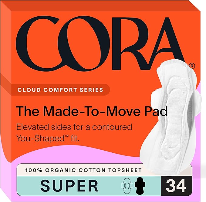 Cora Super Pads with Wings, Made-to-Move, Organic Cotton Topsheet Ultra Thin Feminine Care Pads for Women, Soft, Comfortable & Breathable Menstrual Pad, Regular Absorbency, Unscented, 34 Count