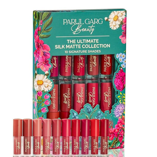 Parul Garg Beauty Ultimate 10-in-1 Mini Silk Matte Liquid Lipstick Set | Multicolor Lipsticks for Indian Skin Tone | Long-Lasting, Transfer-Proof | Perfect for Gifting, Weddings | Travel Pack of 10