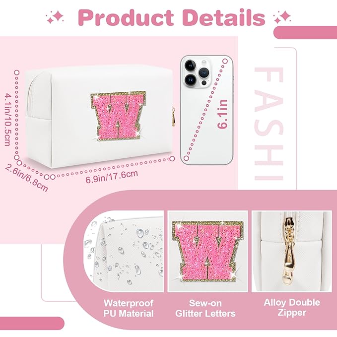 Small Personalized Initial A-Z Patch Makeup Bag,White Cute PU Leather Glitter Letter Cosmetic Bag for Teen Girls,Travel Toiletry Bag with Zipper,Preppy Monogrammed Birthday Gift for Daughter Niece W