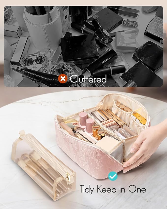 Vlando Makeup Bag,Large Capacity Toiletry Bag for Women Waterproof Portable Make up Pouch PU Leather Open Flat Cosmetic Bag(Sand Pink)