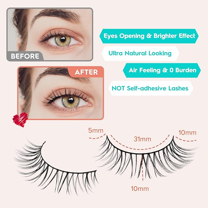 Natural Lashes Eyelashes 10mm Short Mink Lashes Wispy Eyelashes Thinner Band 3D Volume Cat Eye Lashes C Curl False Lashes 7 Pair by Siligli