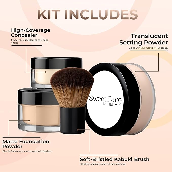 4pc Full Size Kit (Fair 2) Mineral Makeup Matte Translucent Loose Foundation + Kabuki Brush + Concealer + Finishing Setting Powder + Bare Face Full Coverage SPF 30 All Skin Types Waterproof