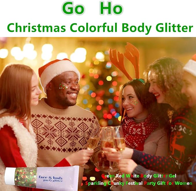 Go Ho Christmas Body Hair Face Glitter Gel and 6PCS Bracelets Kit,Christmas Glitters Face Paint,Colorful Sequins Chunky Reflective Face Glitter Christmas Bracelets Makeup Set,