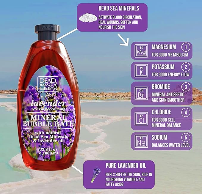 Dead Sea Collection Bubble Bath with Lavender for Women and Men - Lavender Oil and Pure Dead Sea Minerals - Nourishing and Moisturizing Skin - Pack of 2 (67.6 fl.oz)