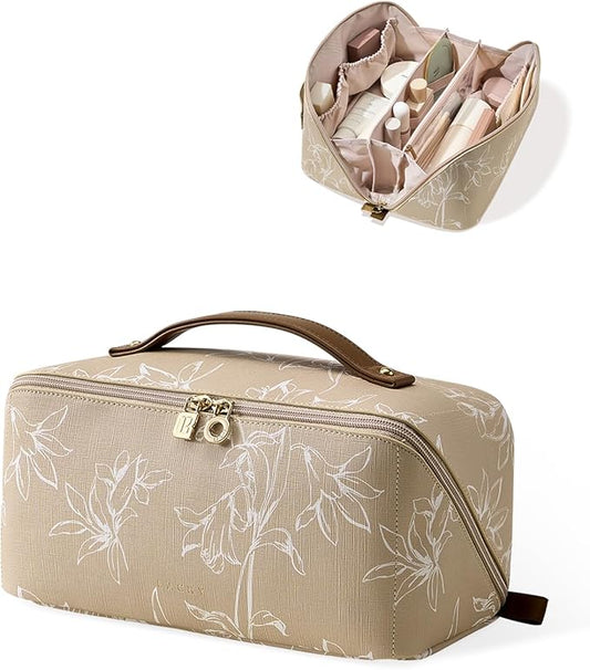 EACHY Travel Makeup Bag,Large Capacity Cosmetic Bags for Women,Waterproof Portable Pouch Open Flat Toiletry Bag Pattern Makeup Bag (F-Brown-Large)