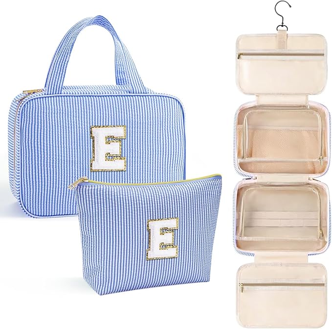 YOOLIFE Teen Girl Gifts Trendy Stuff - Birthday Gifts for 7 8 9 10 11 12 13 14 15 16 17 18 Year Old Teen Girls, Hanging Toiletry Bag Initial Makeup Bag - Letter E, Blue