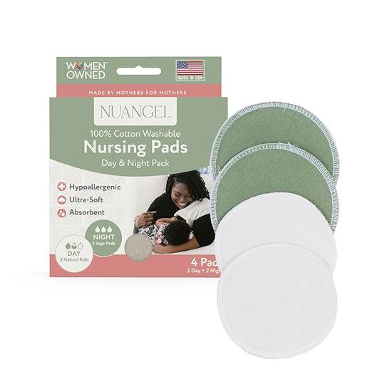 Day & Night Reusable Nursing Pads for Breastfeeding, 100% Cotton—Day 4‑Layer, Night 8‑Layer Overnight Protection – 4 Pack (Natural/Sage)
