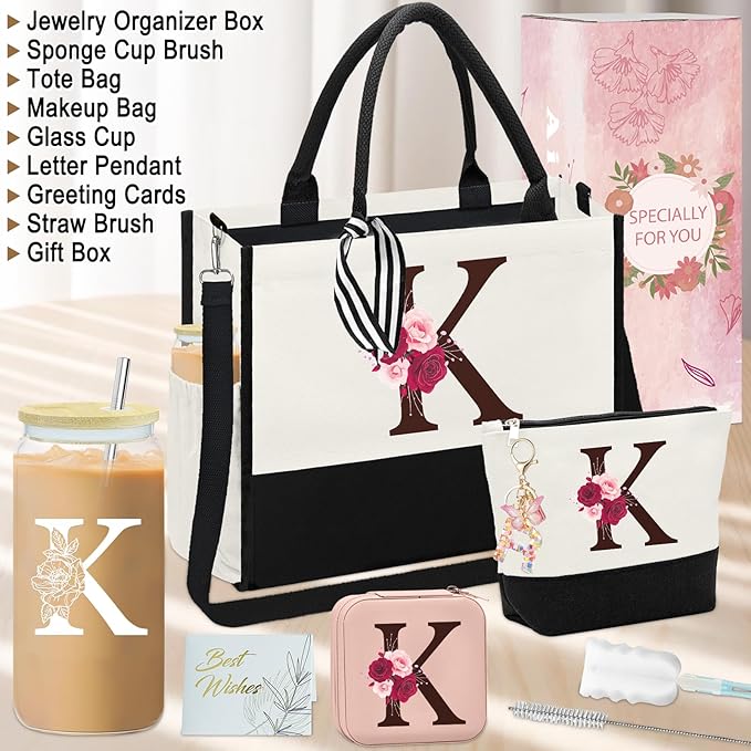Birthday Gifts for Women,Initial Canvas Tote Bag,Initial Gift for Women,16oz Initial Glass Cup,Initial Makeup Bag with Zipper,Jewelry Organizer Box,Personalized Gifts for Mom-K