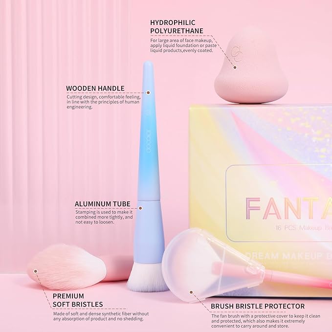 Docolor Makeup Brushes 16Pcs Makeup Brush Set with Makeup Bag Makeup Sponge & Brush Cleaning Pad Professional Face Powder Kabuki Foundation EyeShadow Concealers Brush Kit Gift Box Fantasy Series Ⅲ