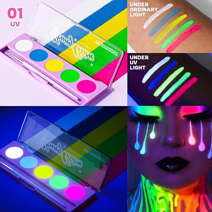 YOUNG VISION 2-PACK Water-Activated Face & Body Paint Palette Set – Neon Fluorescent, Glow Under UV and Blacklight, FX Makeup for Face Painting, Blacklight Glow, Eyeliner, and Body Art