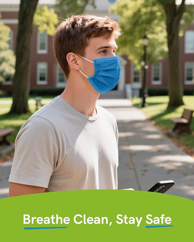 FriCARE Disposable Face Masks, 3-Ply ASTM Level 3 Medical Grade, FSA/HSA Eligible, Breathable & Comfortable for Allergy/Sun Protection, 50 Pack Medium Blue