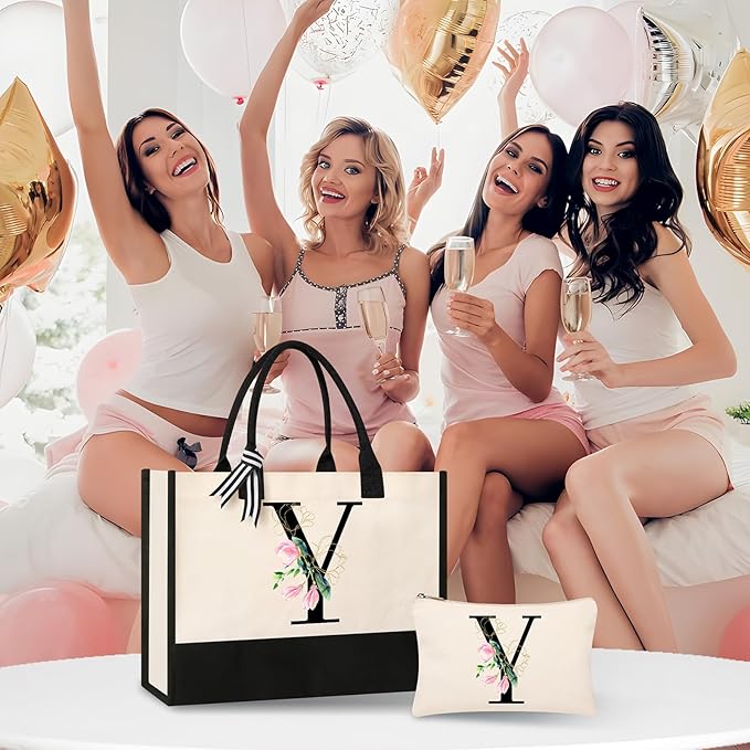 AYGE Personalized Initial Canvas Beach Bag Cosmetic Bags, Monogrammed Gifts for Women, Tote Bag, Makeup Bag, Birthday Gifts for Sister Mom Teacher Bridesmaid (Y)