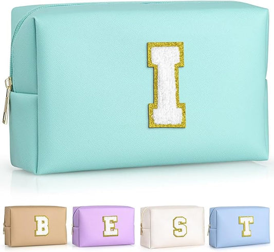 TOPEAST Preppy Makeup Bag, Cute Makeup Pouch PU Leather Waterproof Cosmetic Bag, Personalized Birthday Gifts for Mom Teacher Friends Bridesmaids Nurse, Trendy Stuff for Girls (Blue I)