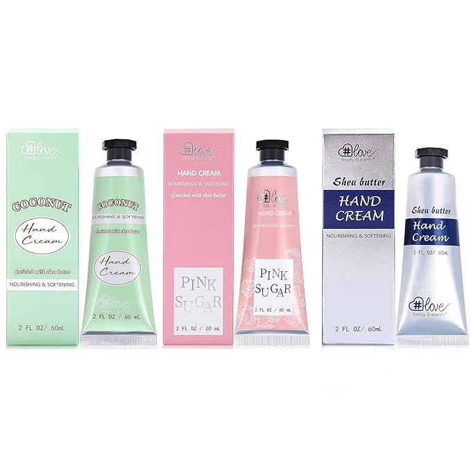 BODY & EARTH # LOVE Hand Cream Gift Set, Hand Lotion for Women, Mothers Day Gifts for Mom, Travel Size Hand Lotion Set 3x2.0 oz, Shea Butter Argan Oil Vitamin E Moisturizing Hand Cream for Dry Hands