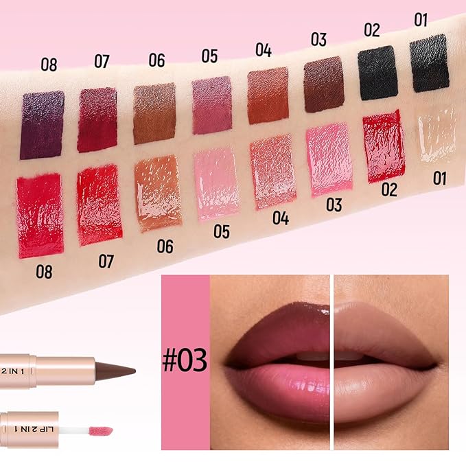 2-in-1 Dual-Ended Lip Liner Lipstick & Gloss Set, Lip Combo with Mirror Effect, Smooth Matte Lip Liner and Moisturizing Lightweight Lip Plumping set for Women, 03 Pink Cherry