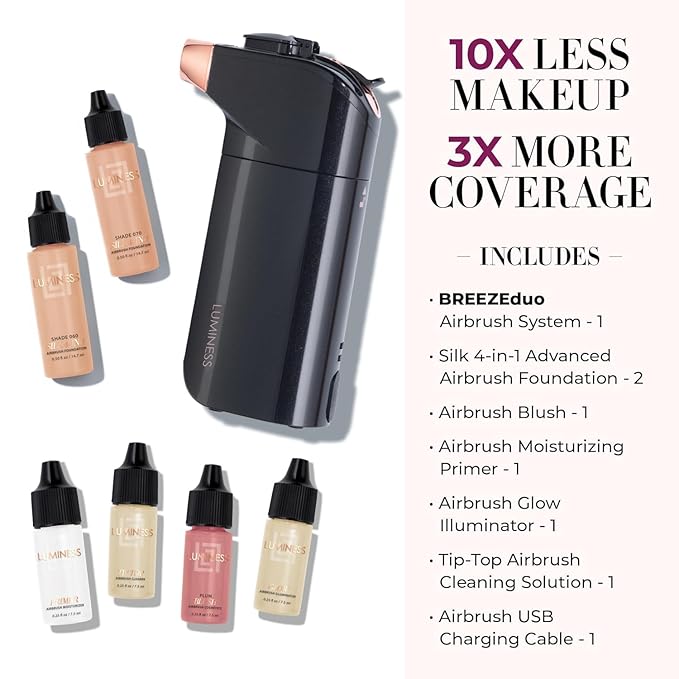 Luminess BREEZE DUO Airbrush Makeup System, Warm Coverage – 9-Piece Kit includes 2x Silk Airbrush Foundation, Soft Rose Blush, Glow Highlighter, Moisturizer Primer, and Airbrush Cleaning Solution